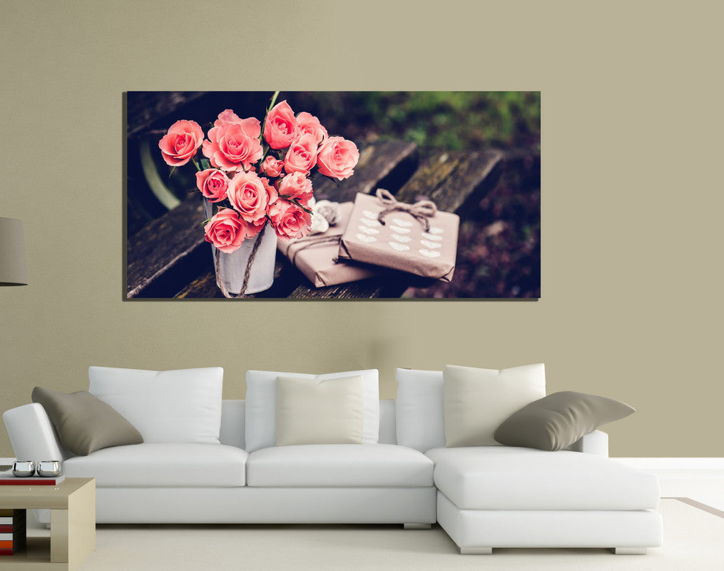QUADRI MODERNI TELA 100X50 FIORI ROSE ROSA ARTE ARREDO NATURA LOVE AMORE