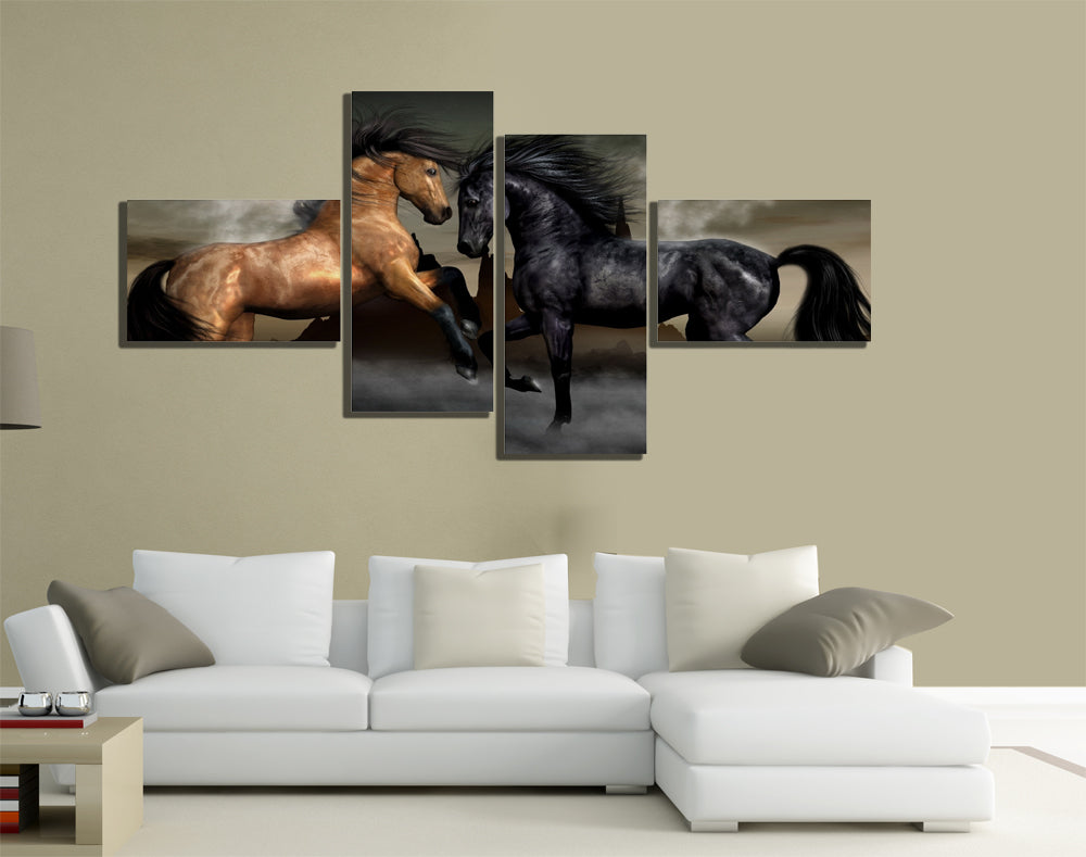 QUADRI MODERNI TELA 170X70 4PZ ANIMALI CAVALLI HORSE GALOPPO EQUITAZIONE NERO