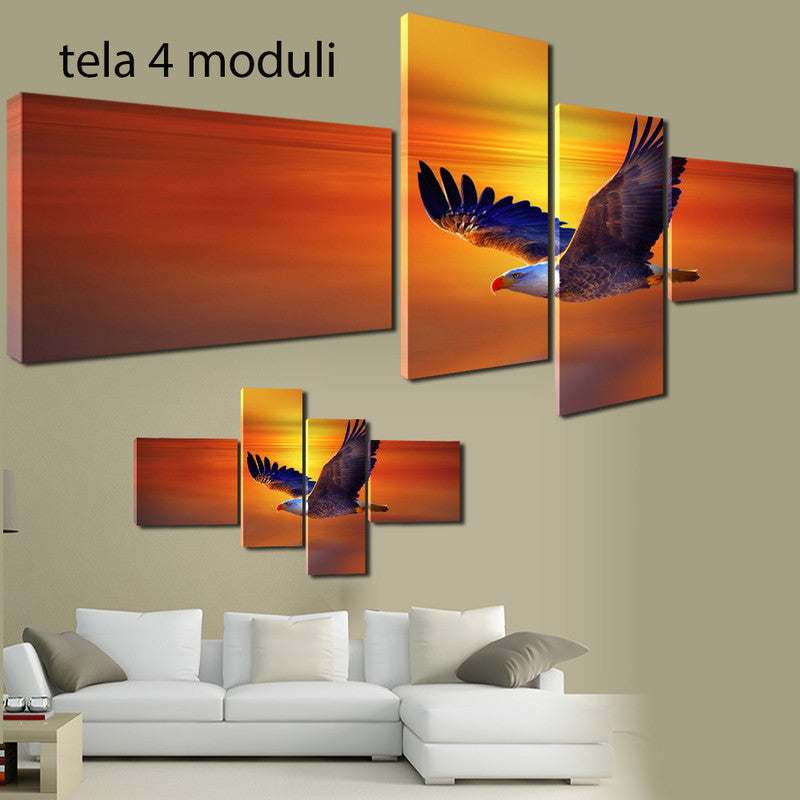 QUADRI MODERNI TELA 170X70 4PZ AQUILA UCCELLI ARTE ARREDO MAMMIFERI TRAMONTO