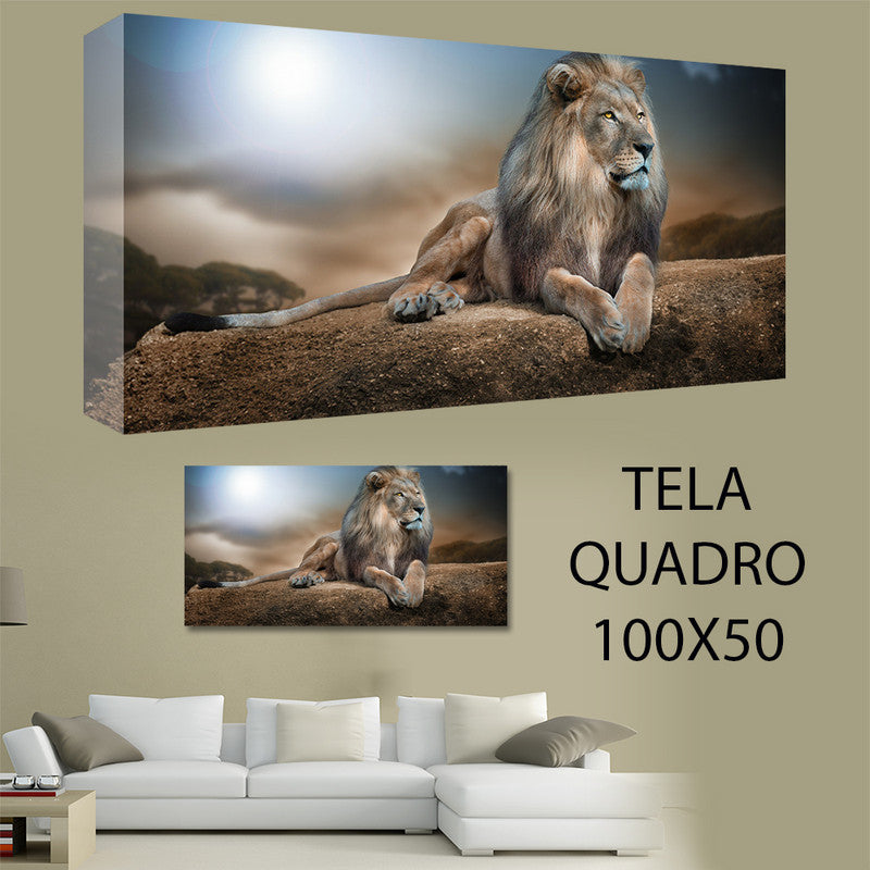 QUADRI MODERNI TELA 100X50 ANIMALI LEONE RE DELLA FORESTA LUNA PIENA BOSCO