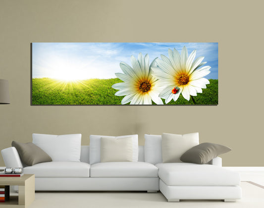 QUADRI MODERNI TELA 150X50  FIORI BIANCHI PRATO NATURA PAESAGGIO ARTE ARREDO