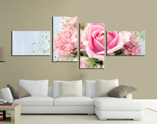 QUADRI MODERNI TELA 170X70 4PZ FIORI ROSA LOVE AMORE NATURA ARTE ARREDO PUREZZA