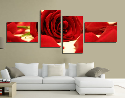 QUADRI MODERNI TELA 200X100 4PZ FIORI ROSA ROSSA LOVE AMORE PASSIONE NATURA RED