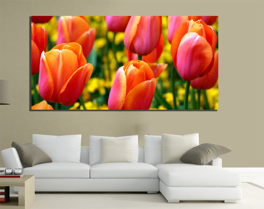 QUADRI MODERNI TELA 100X50 FIORI TULIPANI NATURA COLORI PRIMAVERA ARTE ARREDO