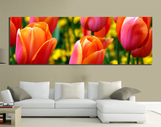 QUADRI MODERNI TELA 150X50 FIORI TULIPANI NATURA COLORI PRIMAVERA ARTE ARREDO