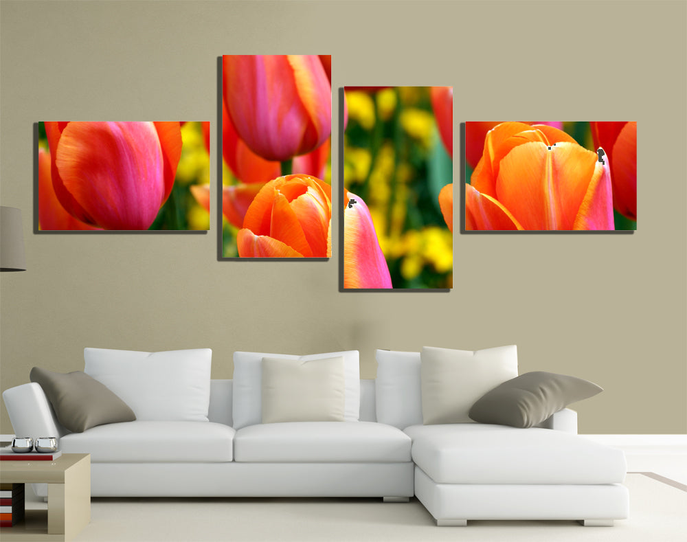 QUADRI MODERNI TELA 200X100 4PZ FIORI TULIPANI NATURA COLORI PRIMAVERA ARTE