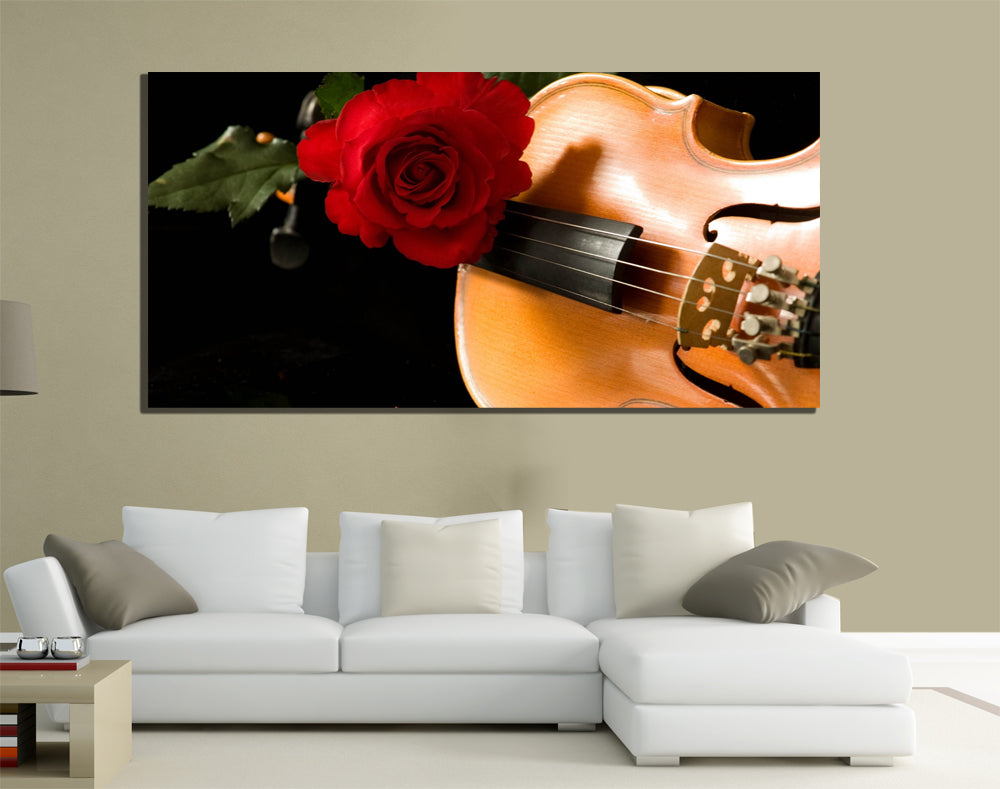 QUADRI MODERNI TELA 100X50 FIORI ROSA ROSSA AMORE PASSIONE CHITARRA LOVE ARTE