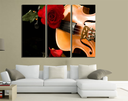 QUADRI MODERNI TELA ARTE 120X90 3PZ FIORI ROSA ROSSA AMORE PASSIONE CHITARRA