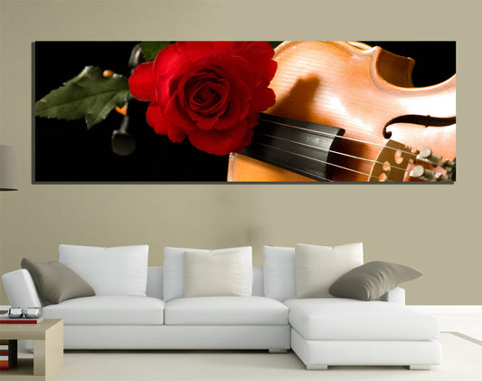 QUADRI MODERNI TELA 150X50 FIORI ROSA ROSSA AMORE PASSIONE CHITARRA LOVE ARTE