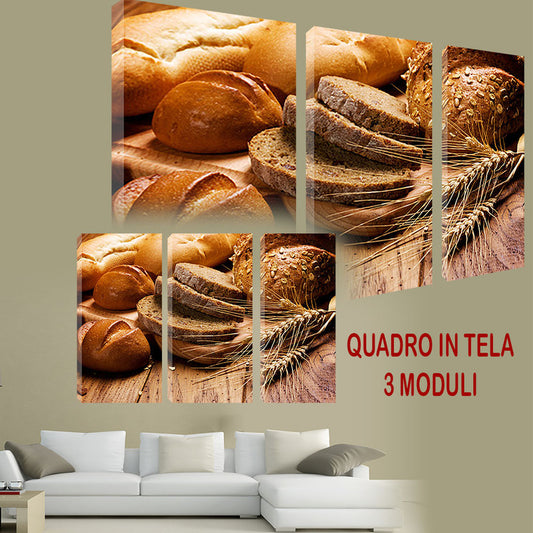 QUADRI MODERNI TELA ARTE 120X90 3PZ PANE PANIFICIO GRANO CIBO FOOD PANETTERIA