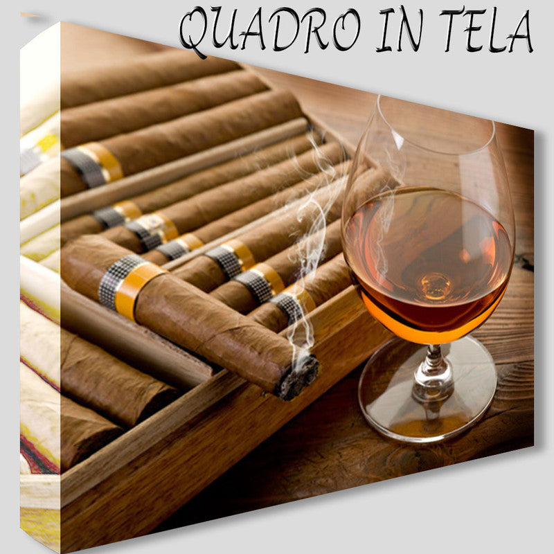 QUADRI MODERNI TELA 100X70 ARTE SIGARI SMOOKE LIQUORI BERE ALCOLICI COGNAC