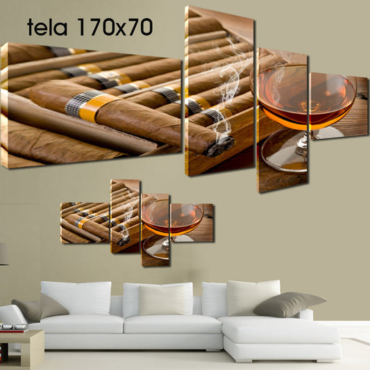 QUADRI MODERNI TELA 170X70 4PZ  ARTE SIGARI SMOOKE LIQUORI BERE ALCOLICI COGNAC