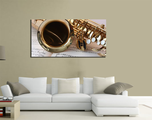 QUADRI MODERNI TELA 100X50  SAX SASSOFONO JAZZ MUSICA BLACK SOUL NOTE MUSICALI