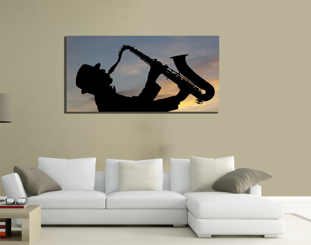 QUADRI MODERNI TELA 100X50 SAX SOSSOFONO SASSOFONISTA MUSICISTA BLACK JAZZ MUSIC