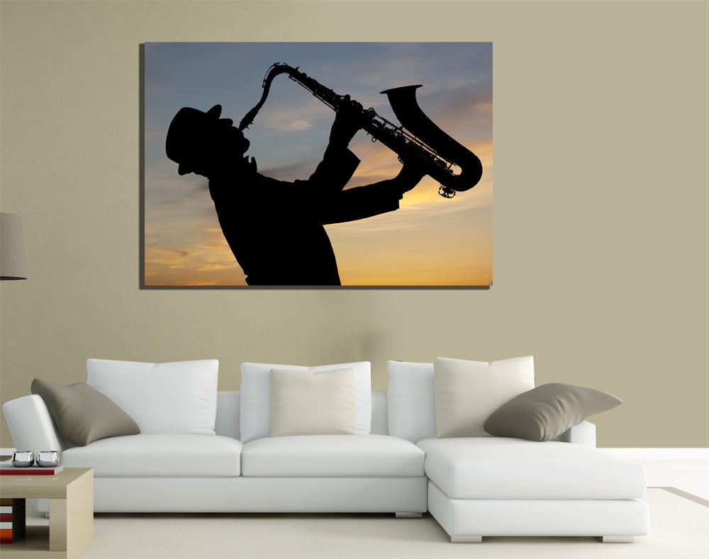 QUADRI MODERNI TELA 100X70 SAX SOSSOFONO SASSOFONISTA MUSICISTA BLACK JAZZ MUSIC