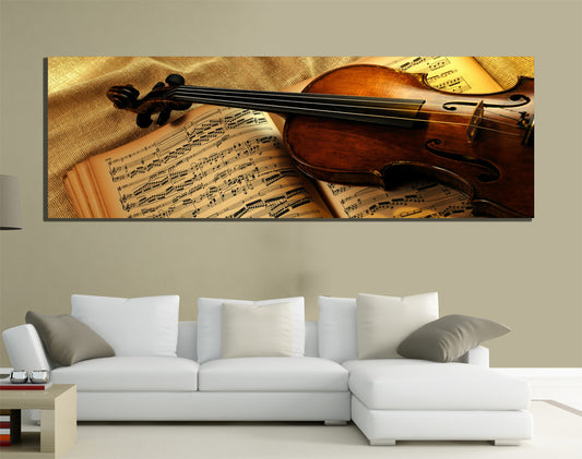 QUADRI MODERNI TELA 150X50  MUSICA CLASSICA VIOLINO NOTE MUSICALI SPARTITO ARTE