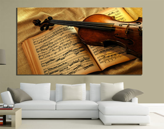 QUADRI MODERNI TELA 100X70 IMUSICA CLASSICA VIOLINO NOTE MUSICALI SPARTITO ARTE