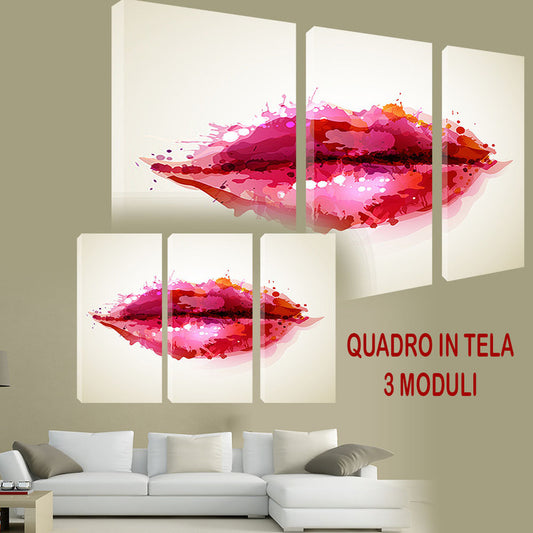 QUADRI MODERNI TELA ARTE 120X90 3PZ LABBRA LIPS EFFETTO ACQUERELLI RED ARTE ARRE