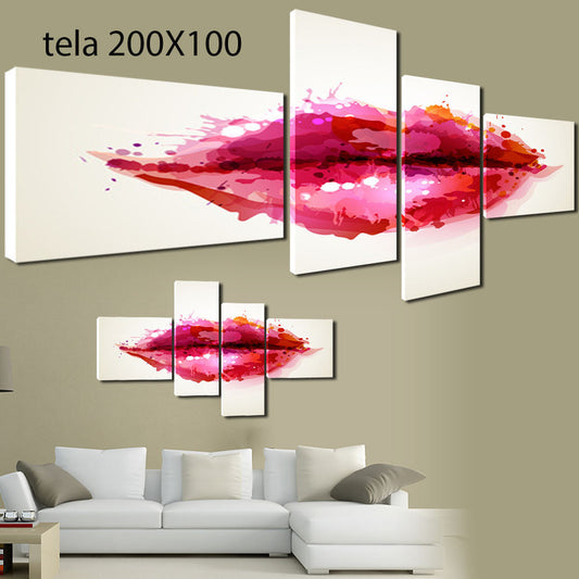 QUADRI MODERNI TELA 200x100 4pz LABBRA LIPS EFFETTO ACQUERELLI RED ARTE ARREDO