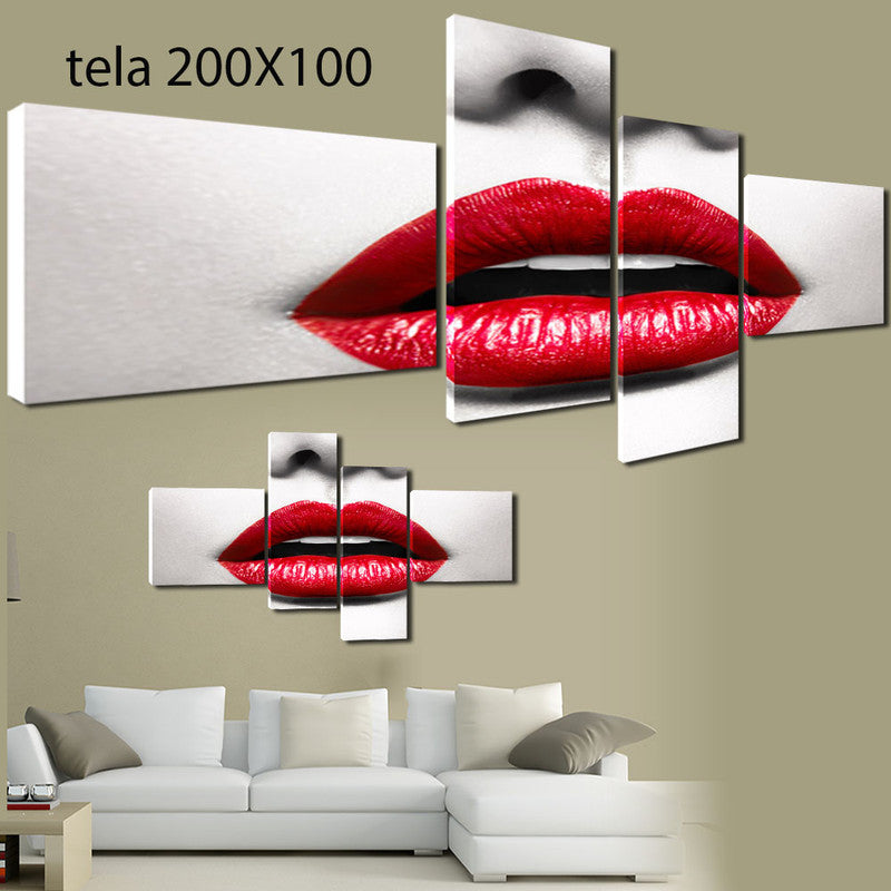 QUADRI MODERNI TELA 200x100 4pz  MASCHERE CINQUANTA SFUMATURE LABBRA RED LIPS