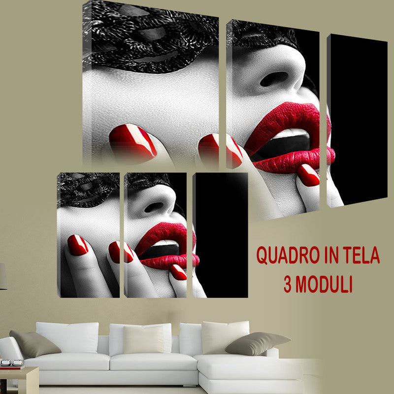 QUADRI MODERNI TELA ARTE 120X90 3PZ MASCHERE CINQUANTA SFUMATURE LABBRA RED LIPS