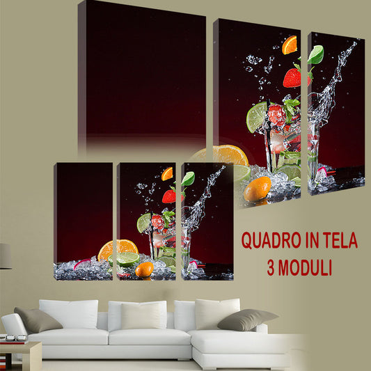 QUADRI MODERNI TELA ARTE 120X90 3PZ ALCOLICI FRUTTA PINACOLADA COCKTAIL ANALCOLI