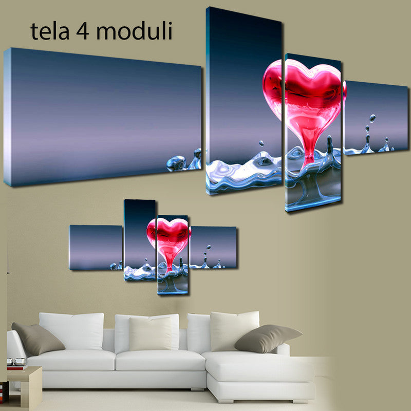 QUADRI MODERNI TELA 170X70 4PZ AMORE LOVE PASSIONE ACQUA ARTE ASTRATTO HEART RED