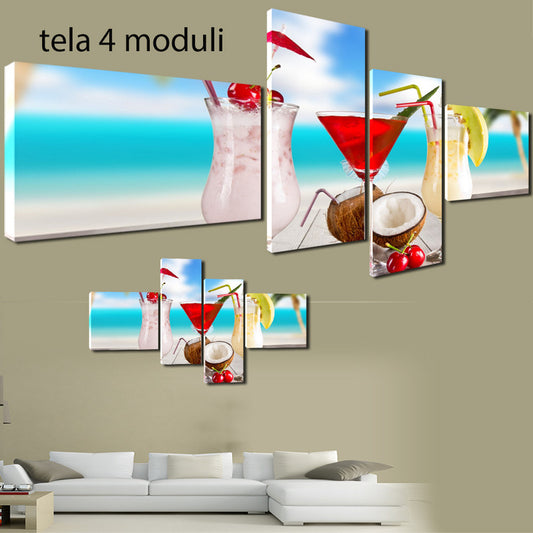 QUADRI MODERNI TELA 170X70 4PZ  COCKTAIL MARE SPIAGGIA LIDO ARREDO PINACOLADA