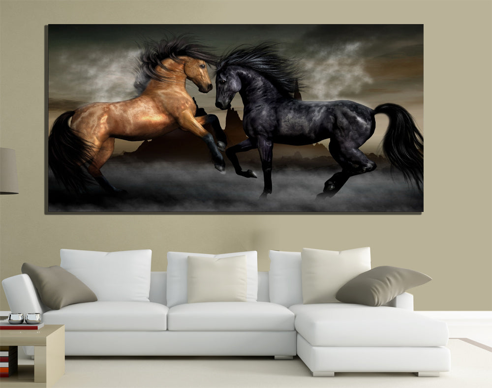 QUADRI MODERNI TELA 100X50 ANIMALI CAVALLI HORSE GALOPPO EQUITAZIONE NERO TROTTO