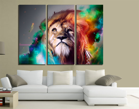 QUADRI MODERNI TELA ARTE 120X90 3PZ ANIMALI LIONS LEONE SAVANA RE DELLA FORESTA