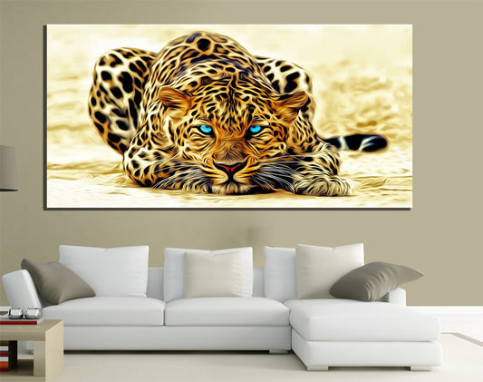 QUADRI MODERNI TELA 100X50 LEOPARDO LEOPARD FELINO ARREDAMENTO ANIMALI LIVING