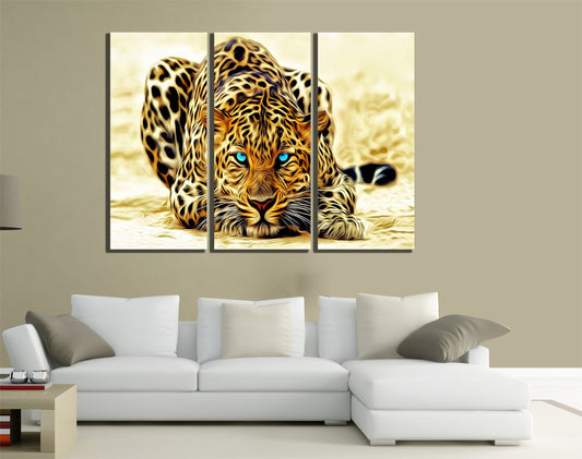 QUADRI MODERNI TELA ARTE 120X90 3PZ LEOPARDO LEOPARD FELINO ARREDAMENTO ANIMALI