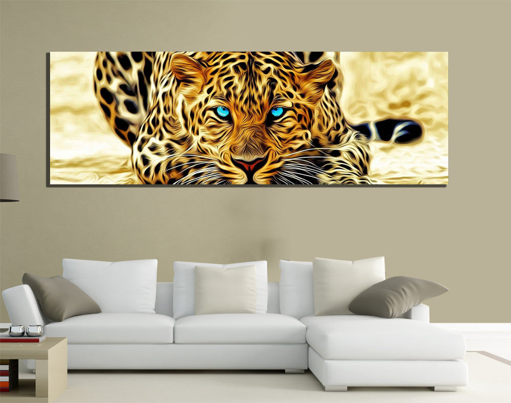 QUADRI MODERNI TELA 150X50  LEOPARDO LEOPARD FELINO ARREDAMENTO ANIMALI LIVING