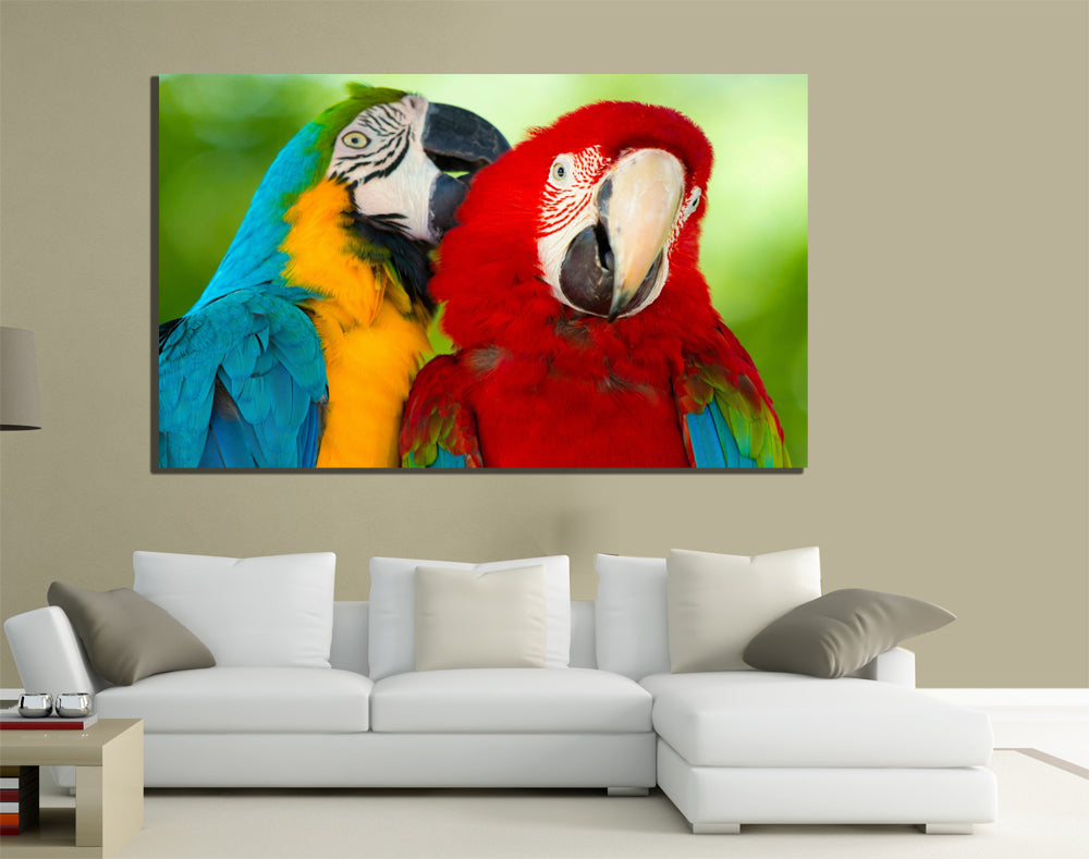 QUADRI MODERNI TELA 100X70 PAPPAGALLI ARA PARLANTE COLORATI NATURA BRASIL PARROT