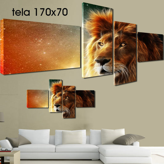 QUADRI MODERNI TELA 170X70 4PZ LEONE RE DELLA FORESTA LION ANIMALI ARREDO ARTE