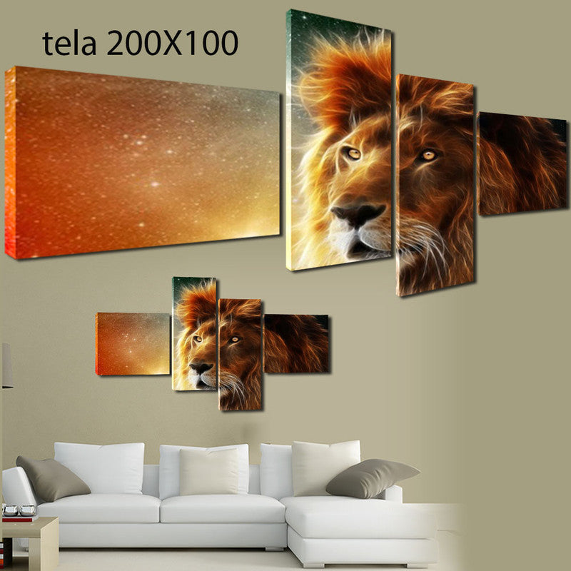 QUADRI MODERNI TELA 200x100 4pz  LEONE RE DELLA FORESTA LION ANIMALI ARREDO