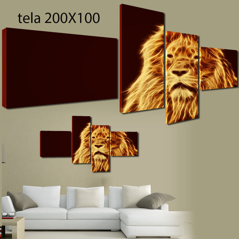 QUADRI MODERNI TELA 200x100 4pz  LEONE RE DELLA FORESTA LION ANIMALI ARREDAMENTO