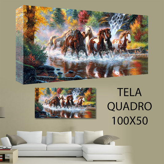 QUADRI MODERNI TELA 100X50 ARTE ARREDO CAVALLI GALOPPO CHIOMA COLORI COLLINA