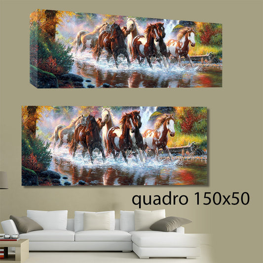 QUADRI MODERNI TELA 150X50 ARTE ARREDO CAVALLI GALOPPO CHIOMA COLORI COLLINA