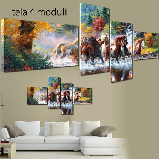 QUADRI MODERNI TELA 200x100 4pz ARTE ARREDO CAVALLI GALOPPO CHIOMA COLORI COLLIN