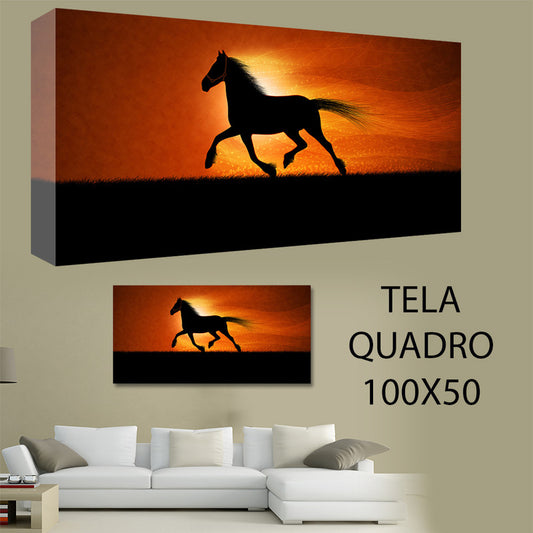 QUADRI MODERNI TELA 100X50 ARTE ARREDO CAVALLI TRAMONTO BLACK MANEGGIO