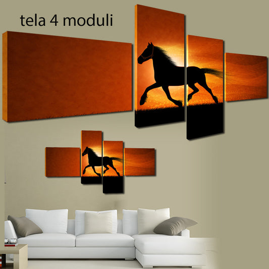 QUADRI MODERNI TELA 170X70 4PZ ARTE ARREDO CAVALLI TRAMONTO BLACK MANEGGIO