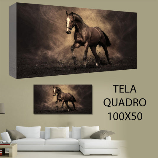 QUADRI MODERNI TELA 100X50 CAVALLO MARRONE GALOPPO MANEGGIO ARTE ARREDO