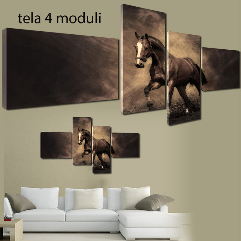 QUADRI MODERNI TELA 170X70 4PZ CAVALLO MARRONE GALOPPO MANEGGIO ARTE ARREDO