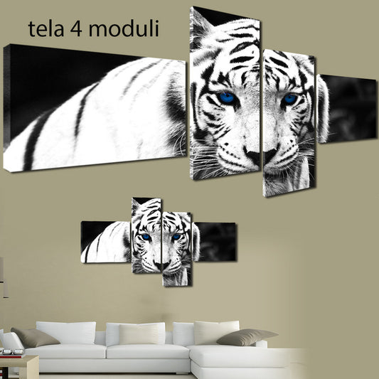 QUADRI MODERNI TELA 170X70 4PZ TIGRE PANTERA ANIMALI WHITE ARREDO CASA ARTE