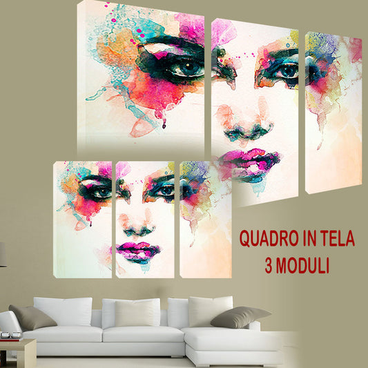 QUADRI MODERNI TELA ARTE 120X90 3PZ ARTE CONTEMPORANEA VISO DONNA EFFETTO