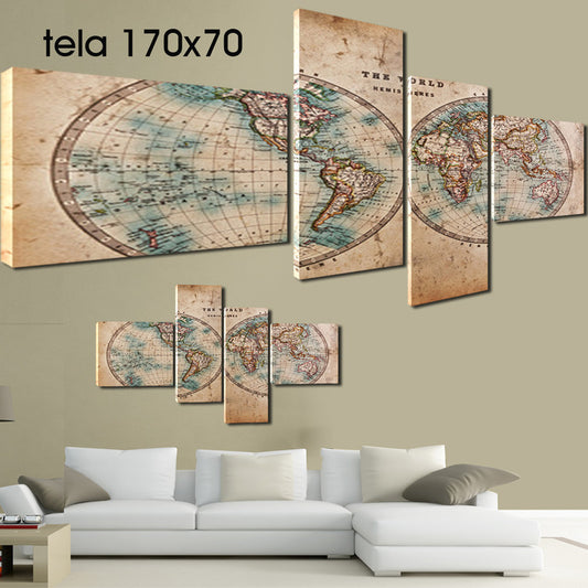 QUADRI MODERNI TELA 170X70 4PZ CARTA GEOGRAFICA EFFETTO PAPIRO MONDO GEOGRAFIA