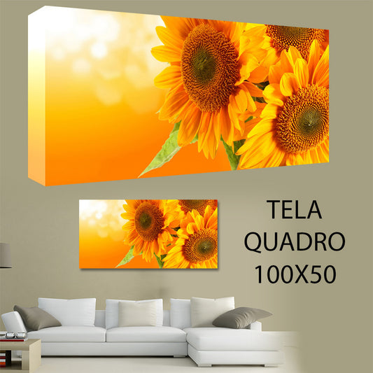 QUADRI MODERNI TELA 100X50   GIRASOLI TRAMONTO COLORI FIORI NATURA ARREDO