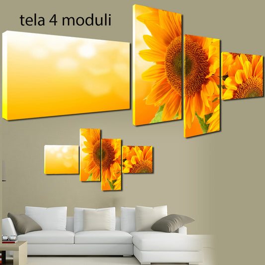 QUADRI MODERNI TELA 170X70 4PZ GIRASOLI TRAMONTO COLORI FIORI NATURA ARREDO