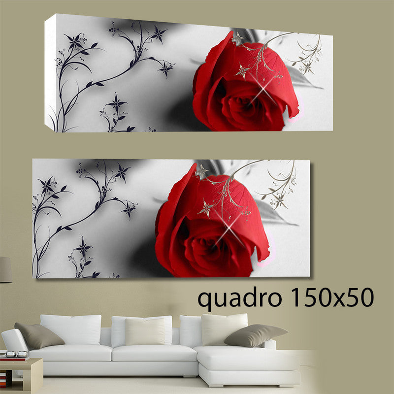 QUADRI MODERNI TELA 150X50  ROSA ROSSA AMORE FIORE PASSIONE LOVE ARREDO NATURA